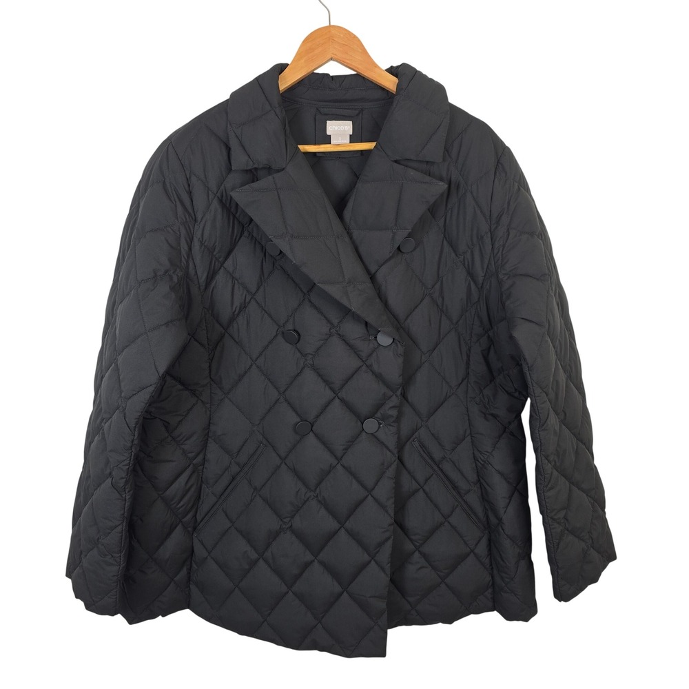 Chico's Black Quilted Double Breasted Pea Coat Jacket Size 3 US 16/18 Large XL
